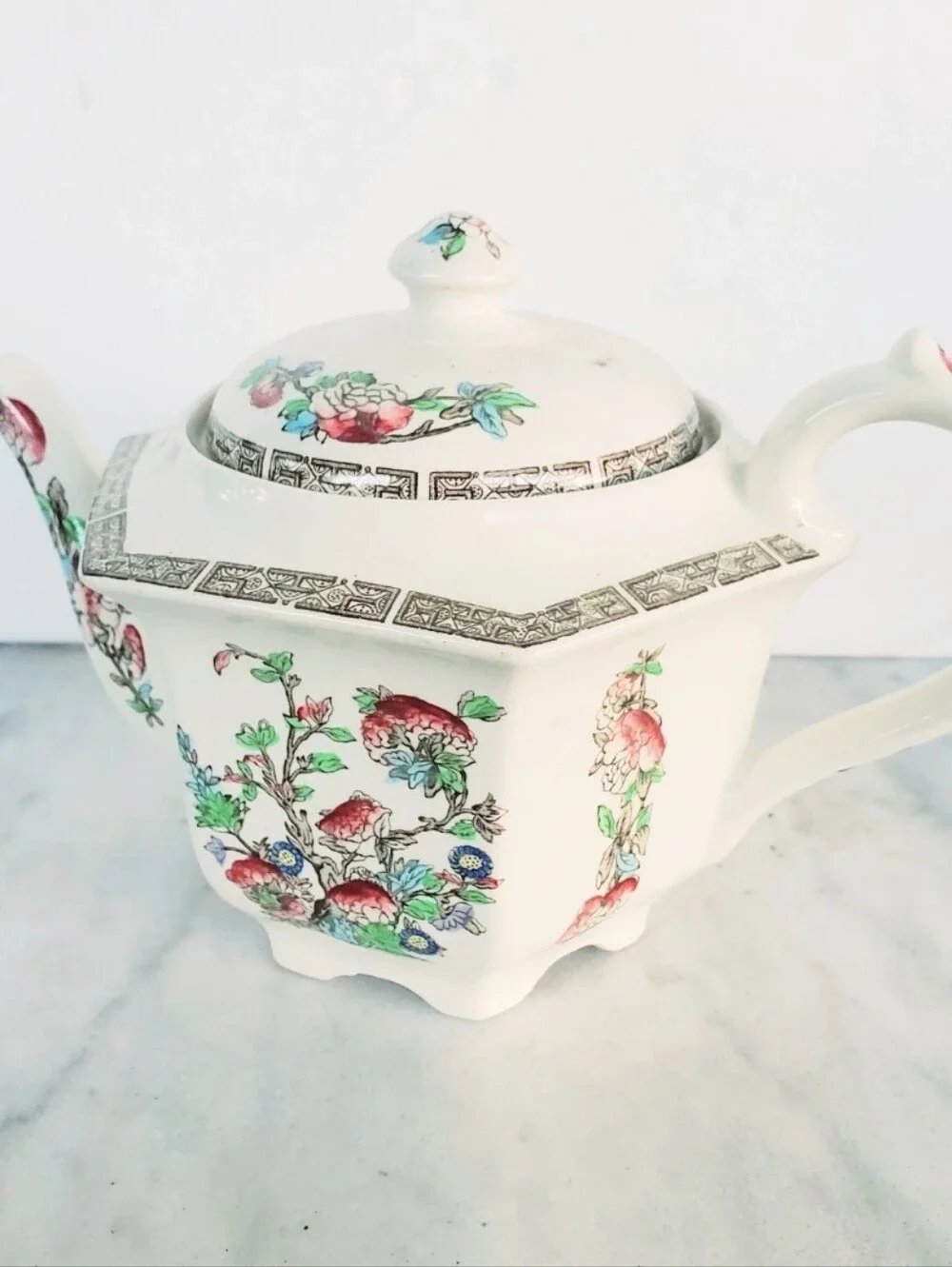 Vintage Floral Porcelain Teapot w/ Lid Asian Inspired English White Ceramic Gold